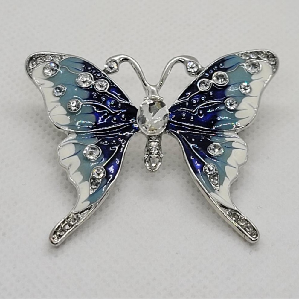 Silver Butterfly Brooch with blue wings and crystals